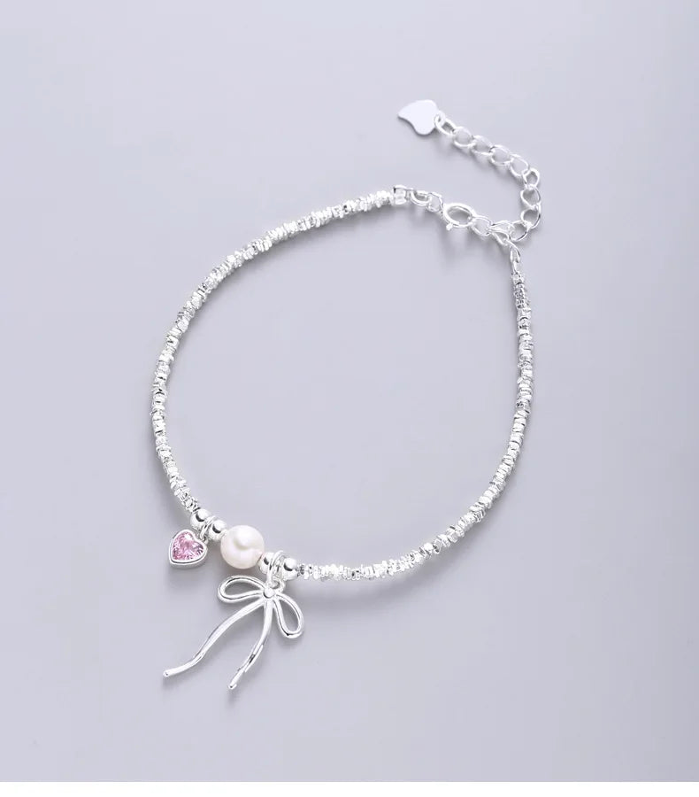 Pulseira de pérolas de prata esterlina 925 para mulheres, zircão rosa, amor, festa, presentes de férias