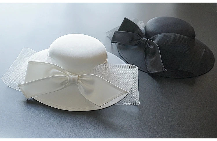 Chapéu branco do Fedora do cetim do bownot para mulheres, banquete elegante, vestido britânico da celebridade, fascinator francês, noiva, casamento, preto, parte superior