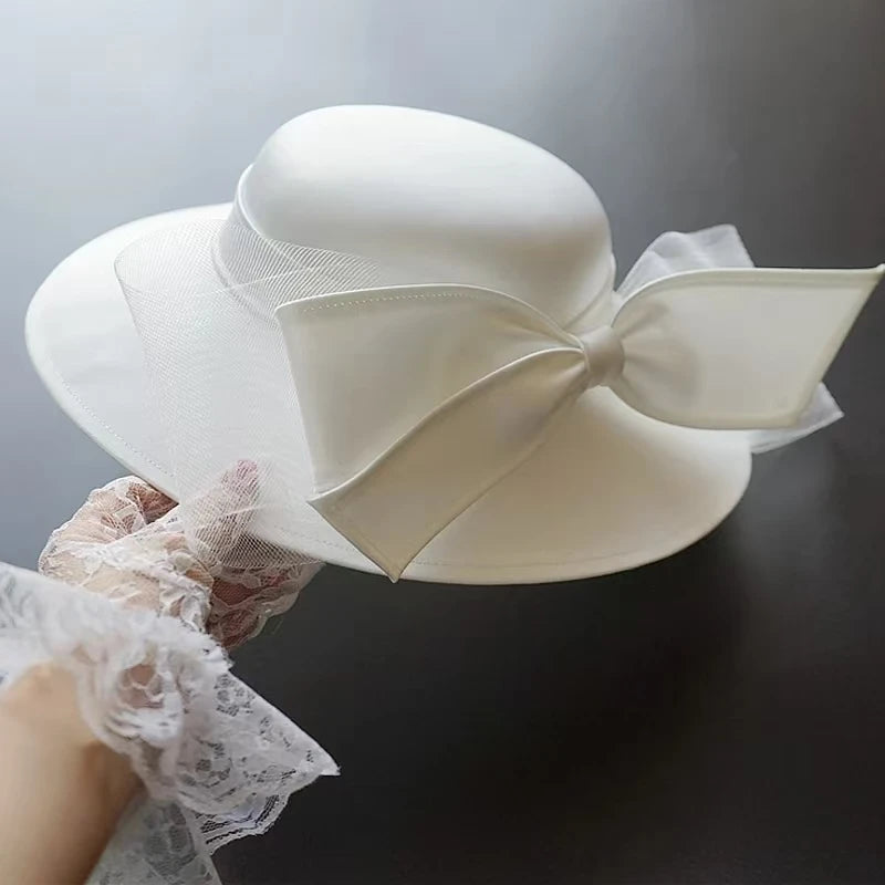 Chapéu branco do Fedora do cetim do bownot para mulheres, banquete elegante, vestido britânico da celebridade, fascinator francês, noiva, casamento, preto, parte superior