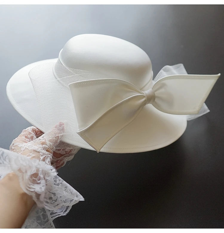 Chapéu branco do Fedora do cetim do bownot para mulheres, banquete elegante, vestido britânico da celebridade, fascinator francês, noiva, casamento, preto, parte superior