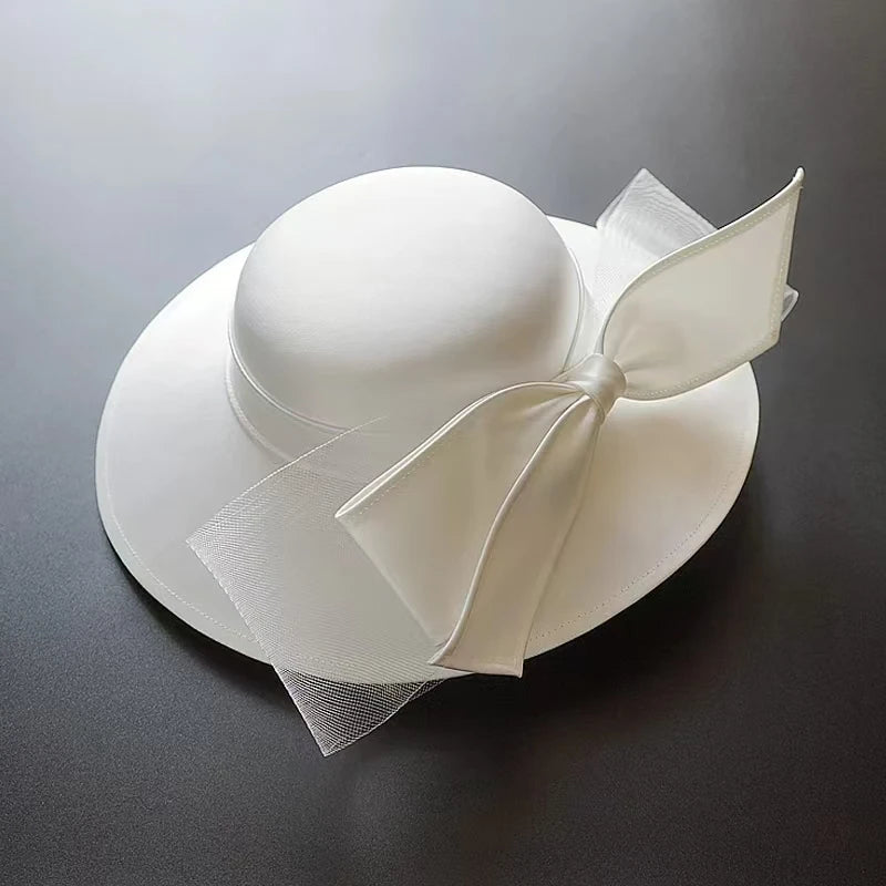 Chapéu branco do Fedora do cetim do bownot para mulheres, banquete elegante, vestido britânico da celebridade, fascinator francês, noiva, casamento, preto, parte superior