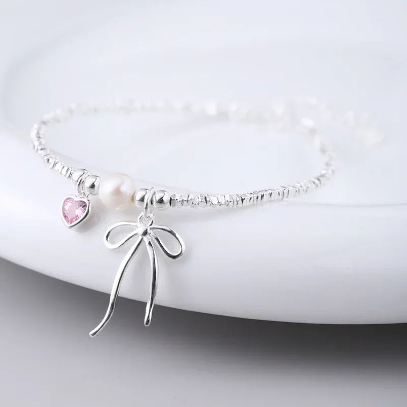 Pulseira de pérolas de prata esterlina 925 para mulheres, zircão rosa, amor, festa, presentes de férias