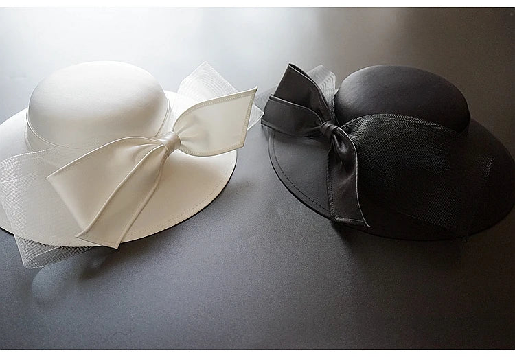 Chapéu branco do Fedora do cetim do bownot para mulheres, banquete elegante, vestido britânico da celebridade, fascinator francês, noiva, casamento, preto, parte superior